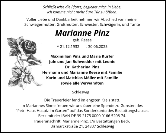 Traueranzeige von Marianne Pinz von Schleswiger Nachrichten, Schlei-Bote