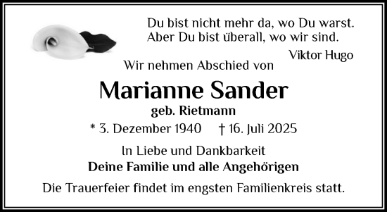 Traueranzeige von Marianne Sander von Die WochenSchau Gesamtausgabe