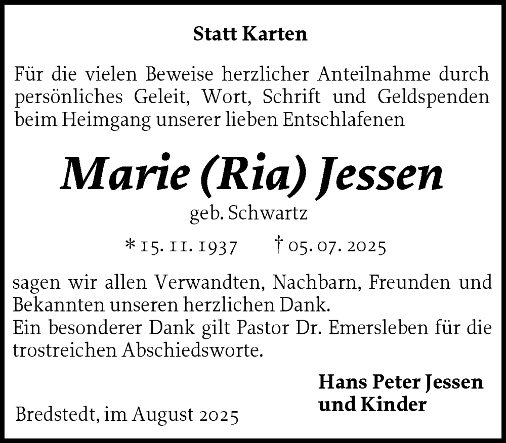  Traueranzeige für Marie Jessen vom 16.08.2025 aus Husumer Nachrichten, Nordfriesland Tageblatt
