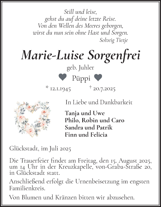 Traueranzeige von Marie-Luise Sorgenfrei von Norddeutsche Rundschau, Wilstersche Zeitung, Glückstädter Fortuna