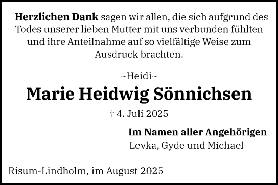 Traueranzeige von Marie Heidwig Sönnichsen von Husumer Nachrichten, Nordfriesland Tageblatt