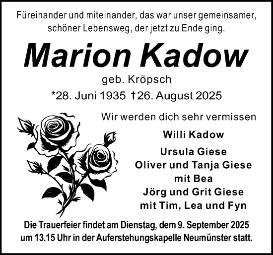 Traueranzeige von Marion Kadow von Holsteinischer Courier