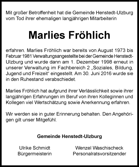Traueranzeige von Marlies Fröhlich von Umschau
