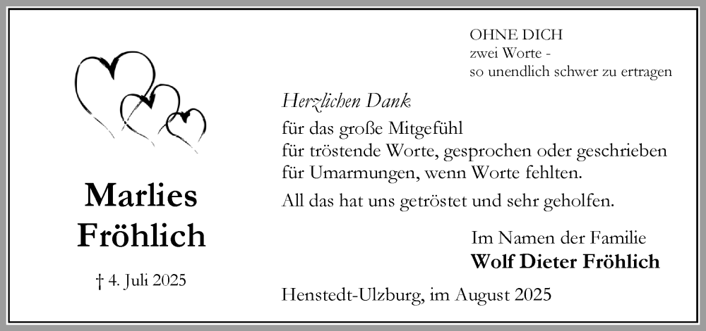  Traueranzeige für Marlies Fröhlich vom 02.08.2025 aus Umschau