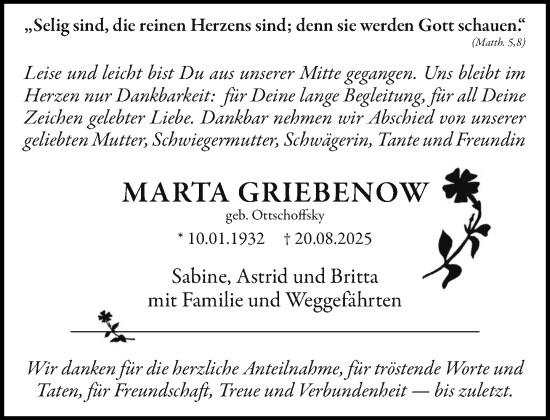 Traueranzeige von Marta Griebenow von MARKT Ratzeburg/Mölln