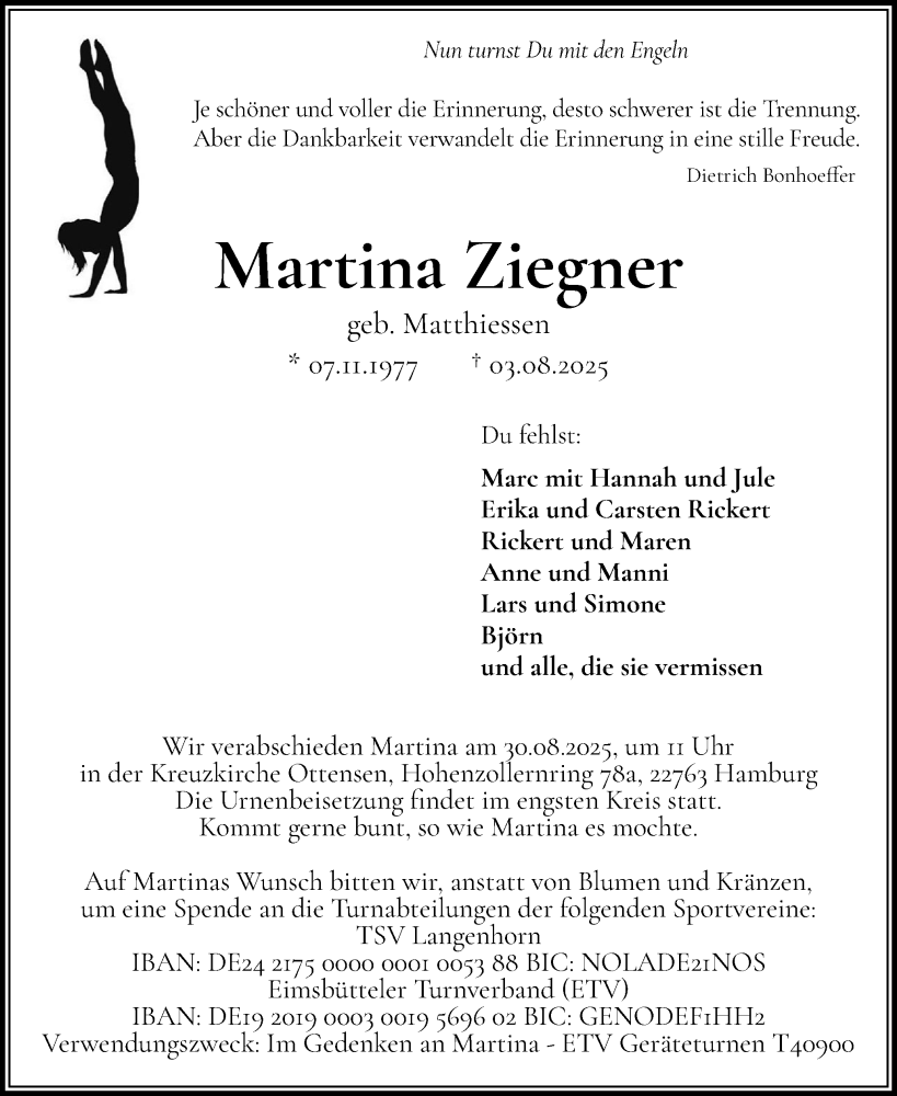  Traueranzeige für Martina Ziegner vom 16.08.2025 aus Husumer Nachrichten, Nordfriesland Tageblatt