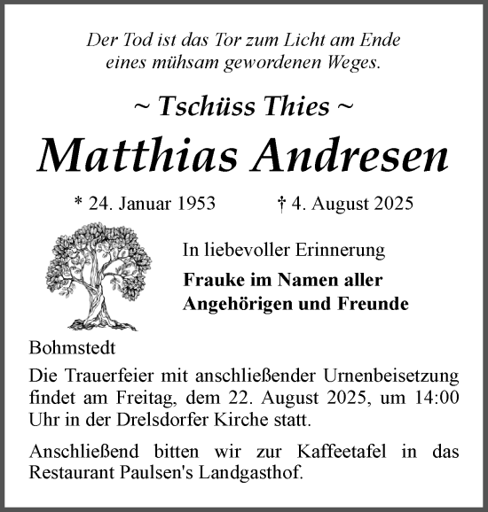 Traueranzeige von Matthias Andresen von Husumer Nachrichten, Nordfriesland Tageblatt