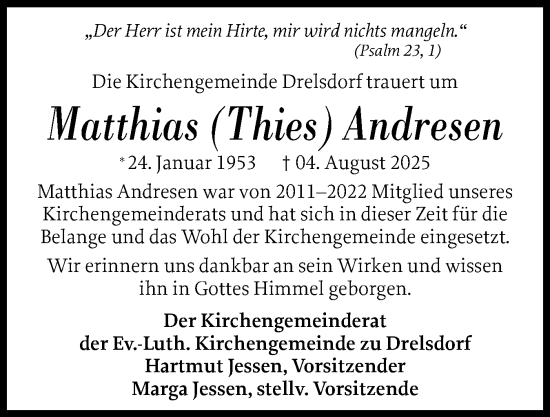 Traueranzeige von Matthias Andresen von Husumer Nachrichten, Nordfriesland Tageblatt