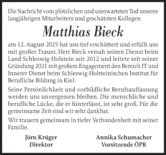 Traueranzeige von Matthias Bieck von Schleswiger Nachrichten, Schlei-Bote