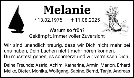 Traueranzeige von Melanie  von Eckernförder Zeitung, Hallo Eckernförde