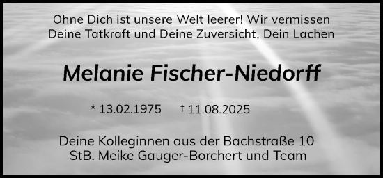 Traueranzeige von Melanie Fischer-Niedorff von Eckernförder Zeitung, Hallo Eckernförde