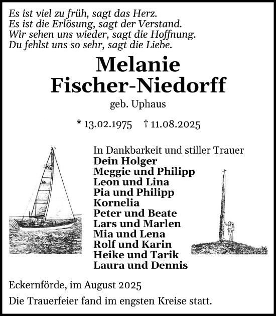Traueranzeige von Melanie Fischer-Niedorff von Eckernförder Zeitung, Hallo Eckernförde