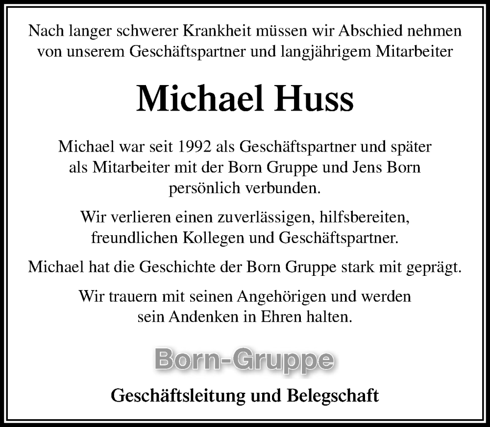  Traueranzeige für Michael Huss vom 23.08.2025 aus MARKT Glinde/Reinbek