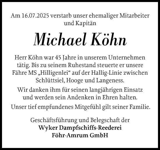 Traueranzeige von Michael Köhn von Husumer Nachrichten, Nordfriesland Tageblatt