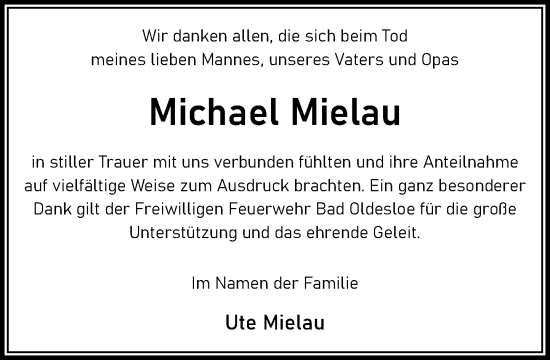 Traueranzeige von Michael Mielau von MARKT Bad Oldesloe/Reinfeld und Stormarner Tageblatt