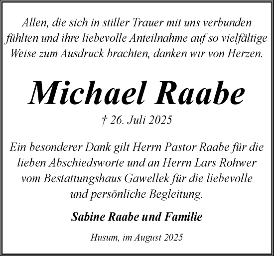 Traueranzeige von Michael Raabe von Husumer Nachrichten, Nordfriesland Tageblatt