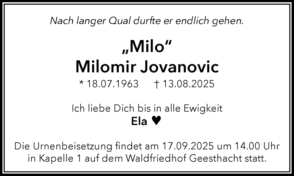  Traueranzeige für Milomir Jovanovic vom 30.08.2025 aus Wochenend Anzeiger