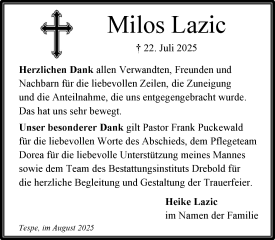 Traueranzeige von Milos Lazic von Wochenend Anzeiger