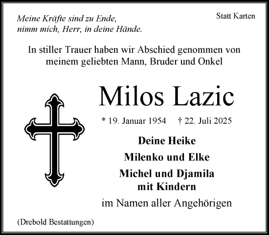 Traueranzeige von Milos Lazic von Wochenend Anzeiger