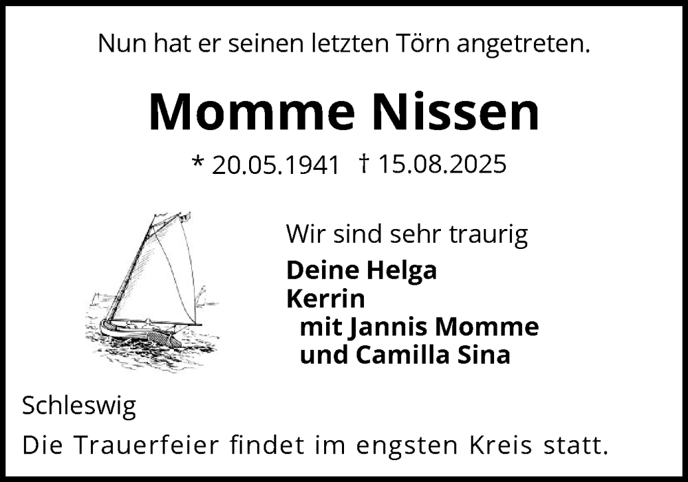  Traueranzeige für Momme Nissen vom 23.08.2025 aus Schleswiger Nachrichten, Schlei-Bote