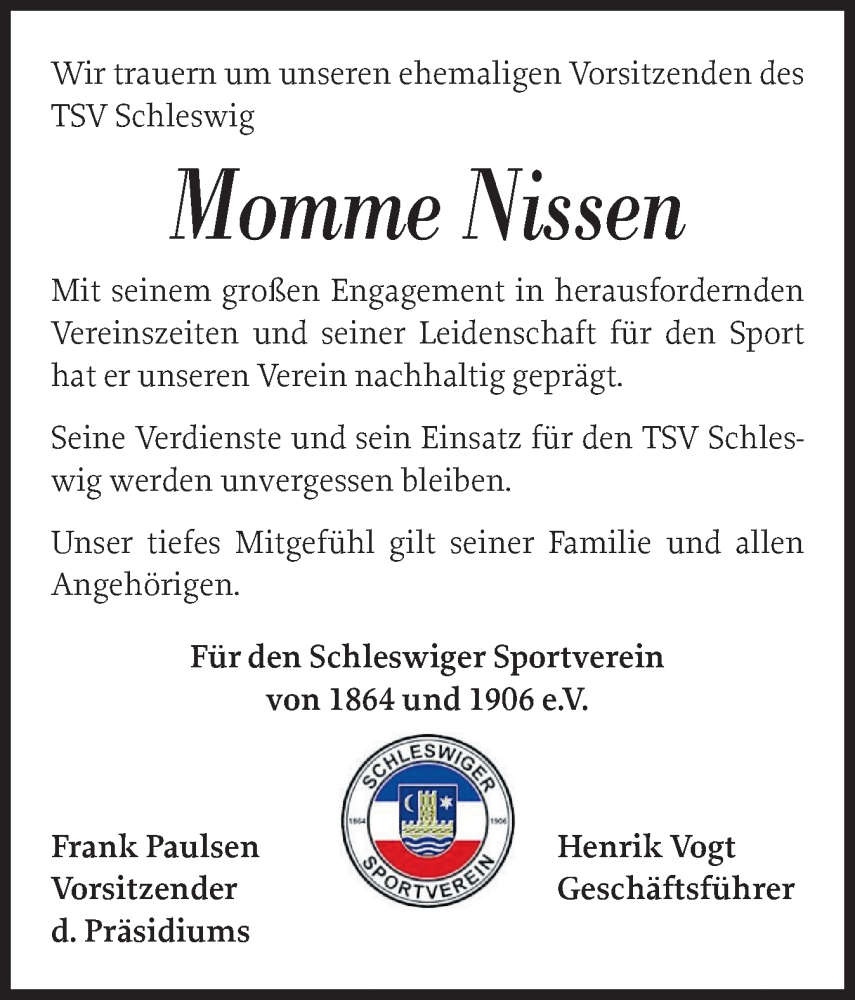  Traueranzeige für Momme Nissen vom 27.08.2025 aus Schleswiger Nachrichten, Schlei-Bote