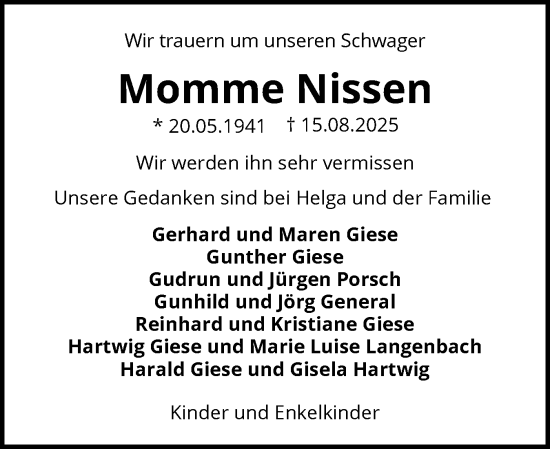 Traueranzeige von Momme Nissen von Schleswiger Nachrichten, Schlei-Bote