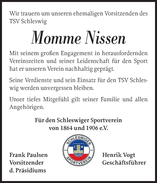 Traueranzeige von Momme Nissen von Schleswiger Nachrichten, Schlei-Bote