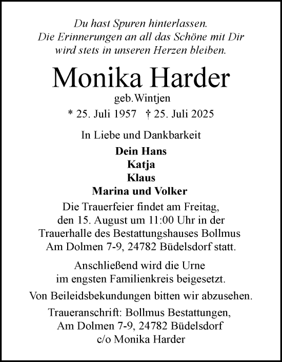 Traueranzeige von Monika Harder von Schleswig-Holsteinische Landeszeitung