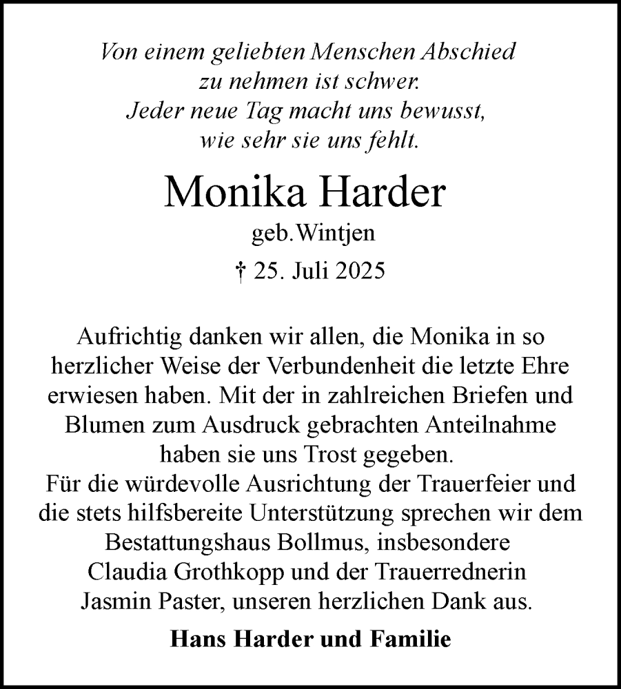  Traueranzeige für Monika Harder vom 23.08.2025 aus Schleswig-Holsteinische Landeszeitung