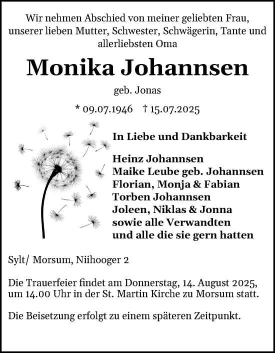 Traueranzeige von Monika Johannsen von Sylter Rundschau