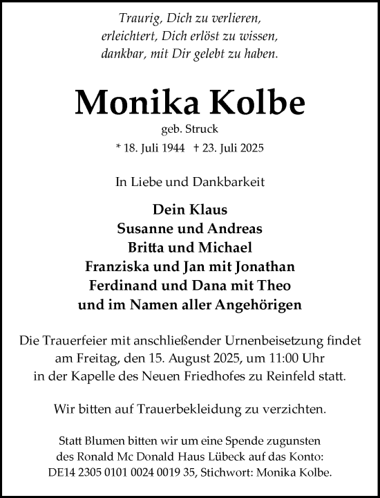 Traueranzeige von Monika Kolbe von MARKT Bad Oldesloe/Reinfeld und Stormarner Tageblatt