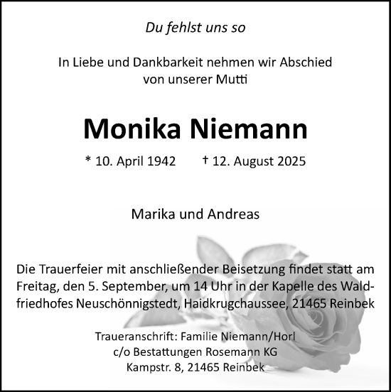 Traueranzeige von Monika Niemann von MARKT Glinde/Reinbek