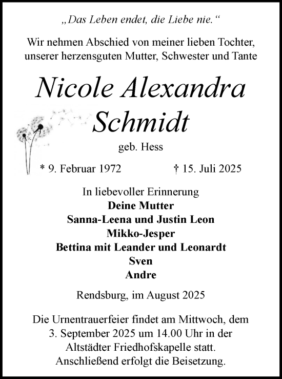 Traueranzeige von Nicole Alexandra Schmidt von Schleswig-Holsteinische Landeszeitung