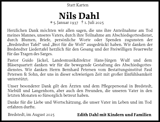 Traueranzeige von Nils Dahl von Husumer Nachrichten, Nordfriesland Tageblatt