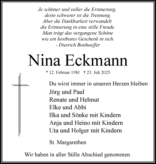 Traueranzeige von Nina Eckmann von Norddeutsche Rundschau, Wilstersche Zeitung, Glückstädter Fortuna