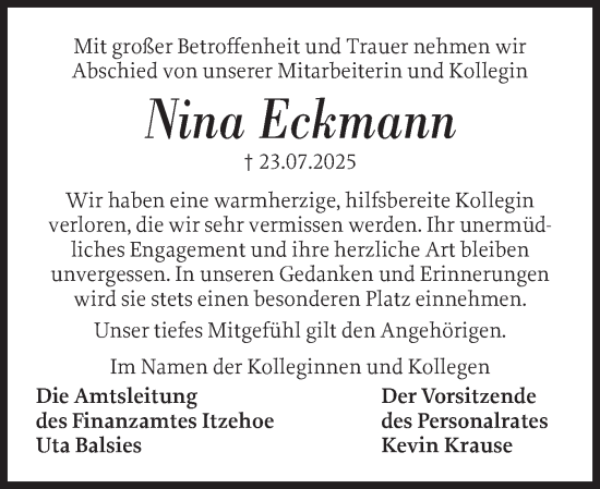 Traueranzeige von Nina Eckmann von Norddeutsche Rundschau, Wilstersche Zeitung, Glückstädter Fortuna