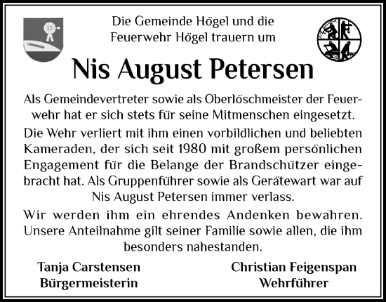 Traueranzeige von Nis August Petersen von Husumer Nachrichten, Nordfriesland Tageblatt