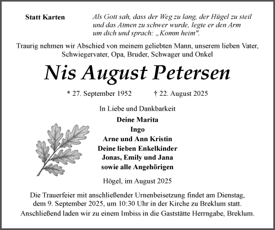 Traueranzeige von Nis August Petersen von Husumer Nachrichten, Nordfriesland Tageblatt
