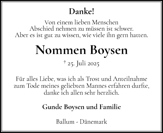 Traueranzeige von Nommen Boysen von Husumer Nachrichten, Nordfriesland Tageblatt