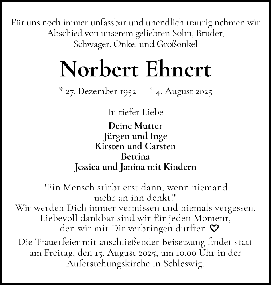  Traueranzeige für Norbert Ehnert vom 13.08.2025 aus Schleswiger Nachrichten, Schlei-Bote