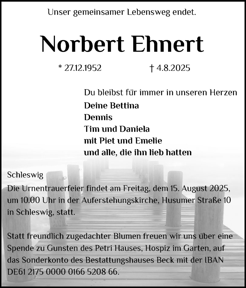  Traueranzeige für Norbert Ehnert vom 09.08.2025 aus Schleswiger Nachrichten, Schlei-Bote
