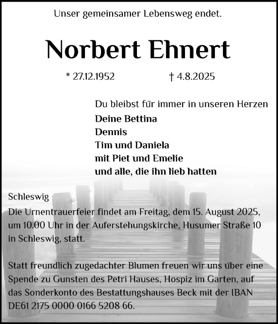 Traueranzeige von Norbert Ehnert von Schleswiger Nachrichten, Schlei-Bote