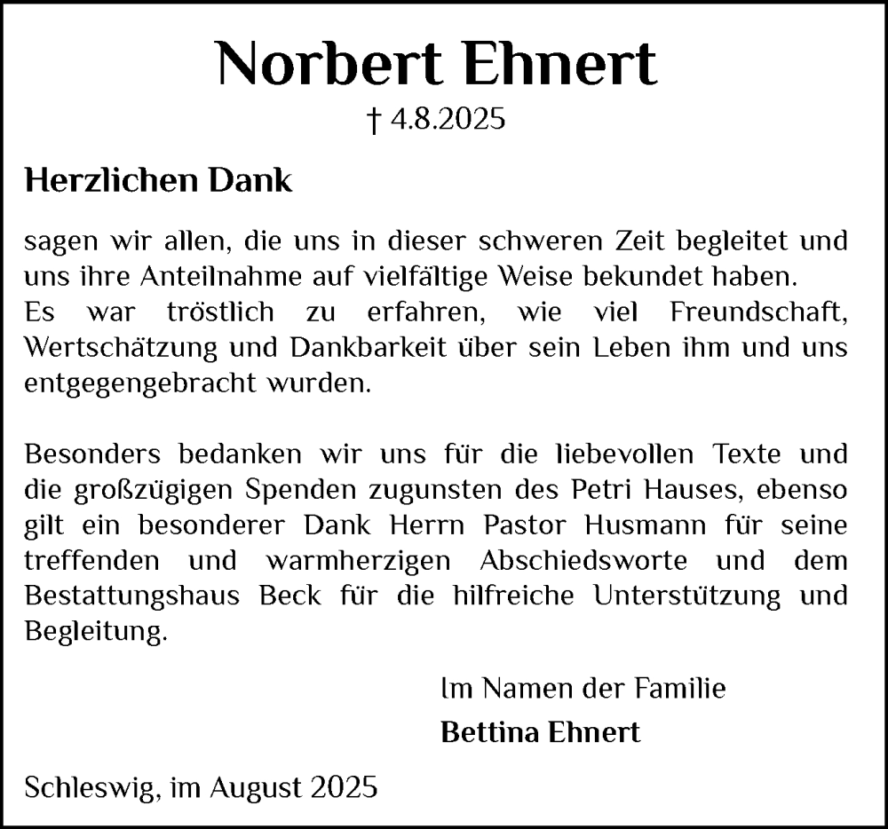  Traueranzeige für Norbert Ehnert vom 30.08.2025 aus Schleswiger Nachrichten, Schlei-Bote