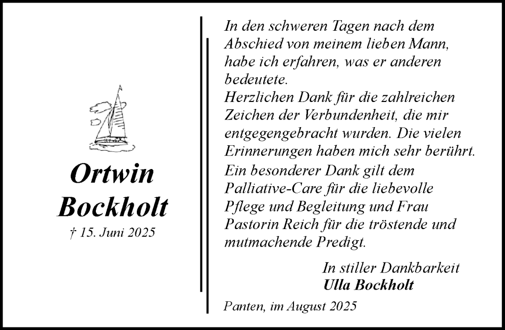  Traueranzeige für Ortwin Bockholt vom 30.08.2025 aus MARKT Ratzeburg/Mölln