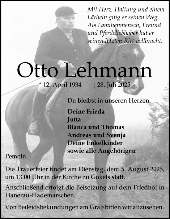 Traueranzeige von Otto Lehmann von Schleswig-Holsteinische Landeszeitung