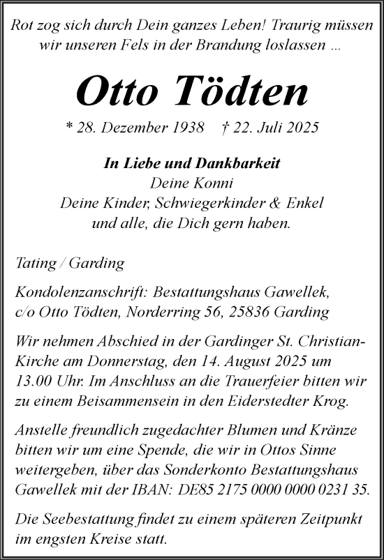 Traueranzeige von Otto Tödten von Husumer Nachrichten, Nordfriesland Tageblatt
