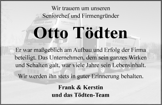 Traueranzeige von Otto Tödten von Husumer Nachrichten, Nordfriesland Tageblatt