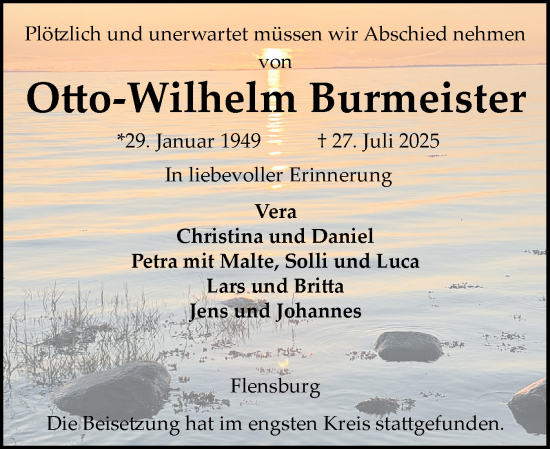 Traueranzeige von Otto-Wilhelm Burmeister von Flensburger Tageblatt
