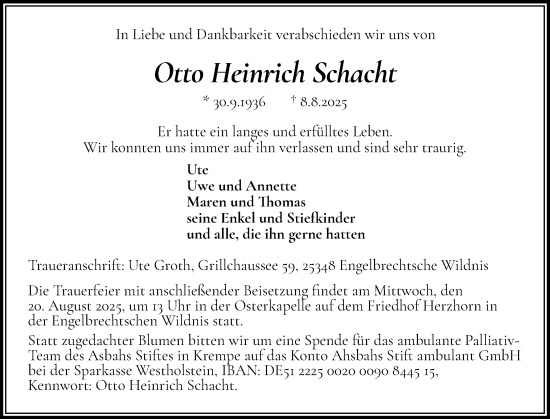 Traueranzeige von Otto Heinrich Schacht von Norddeutsche Rundschau, Wilstersche Zeitung, Glückstädter Fortuna
