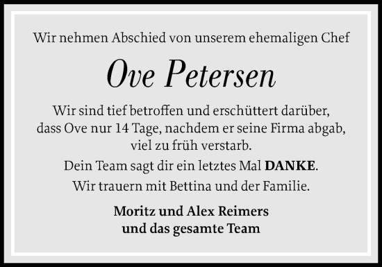 Traueranzeige von Ove Petersen von Husumer Nachrichten, Nordfriesland Tageblatt